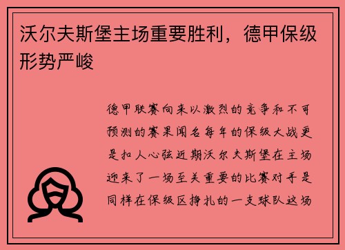 沃尔夫斯堡主场重要胜利，德甲保级形势严峻
