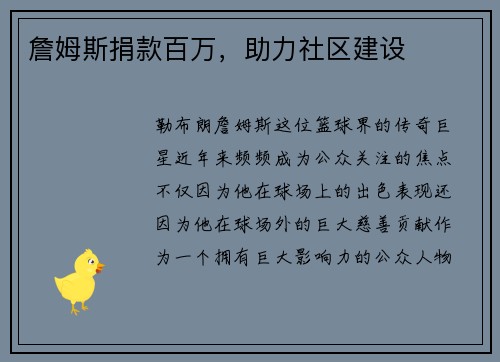 詹姆斯捐款百万，助力社区建设